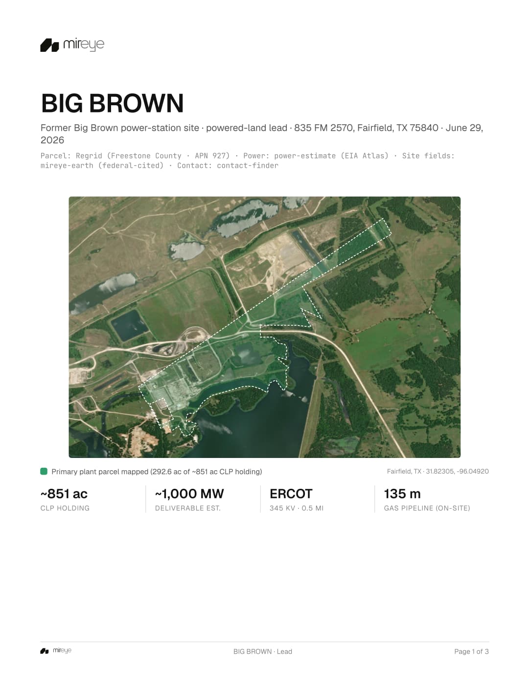 Big Brown powered-land lead showing the former plant parcel