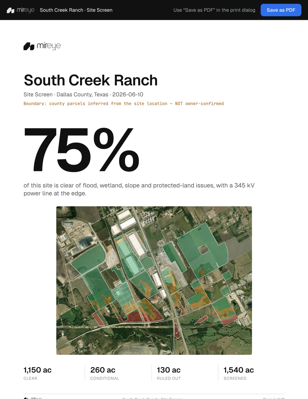 First page of the South Creek Ranch cited site screen