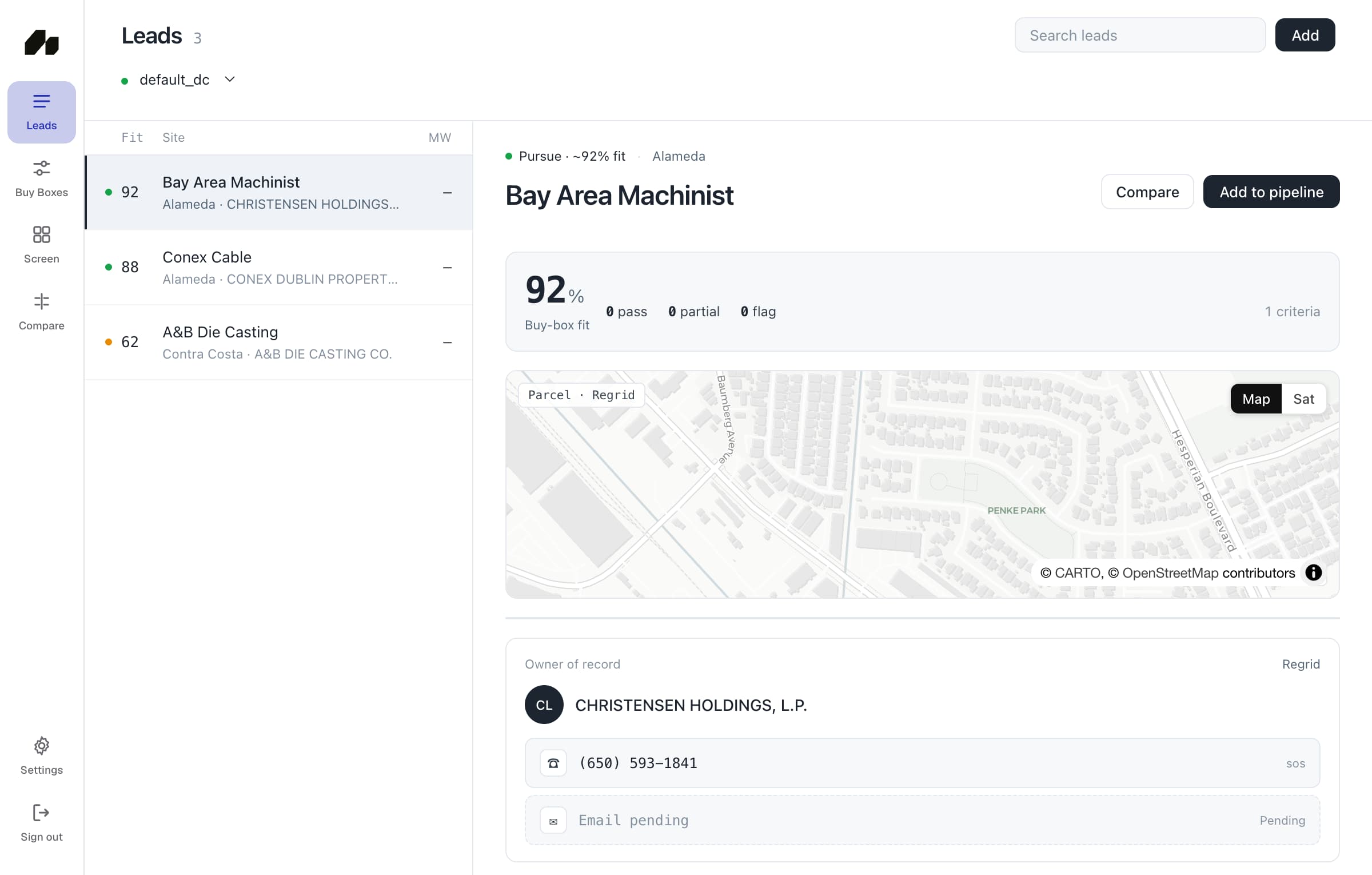 Ranked Mireye leads with buy-box fit, parcel map, and owner contact